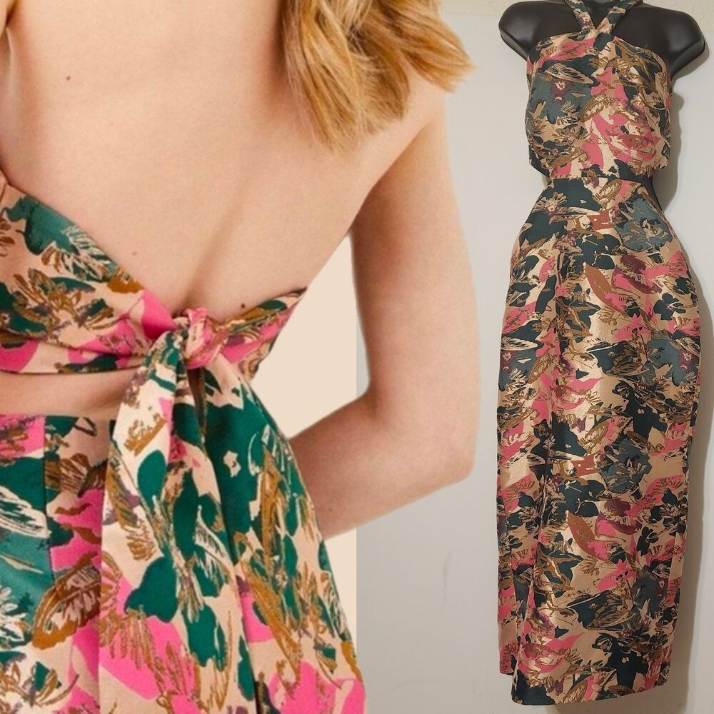 Karen Millen Floral Jaquard Halter Column Dress Pink Green Cutout Maxi SZ US 8